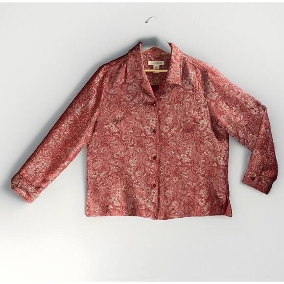 VTG C.L.O.T.H.E.S. Jacquard Jacket XL Dark Red Floral Paisley Shimmer Artsy Boho - Picture 1 of 11